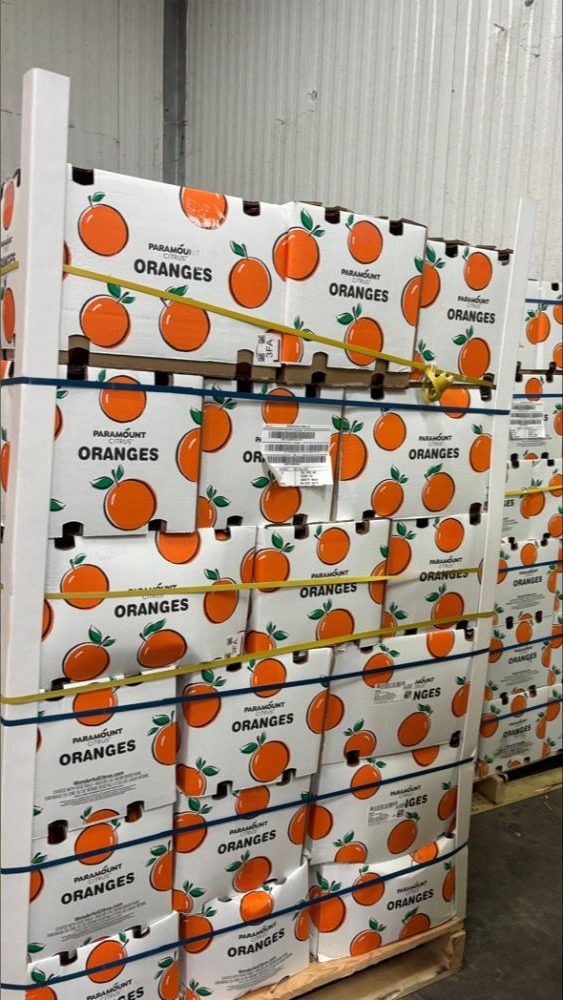 Pallet of boxed oranges